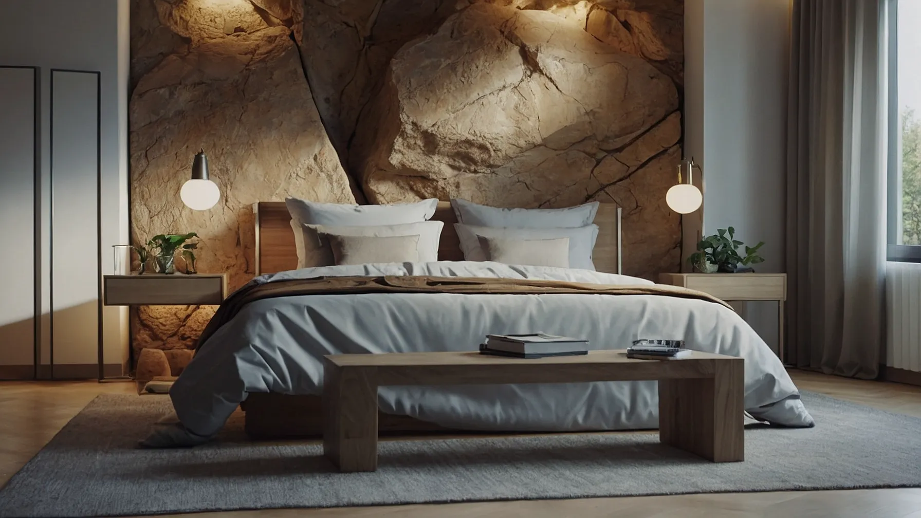 Rock-textured Wall Behind Modern Bed