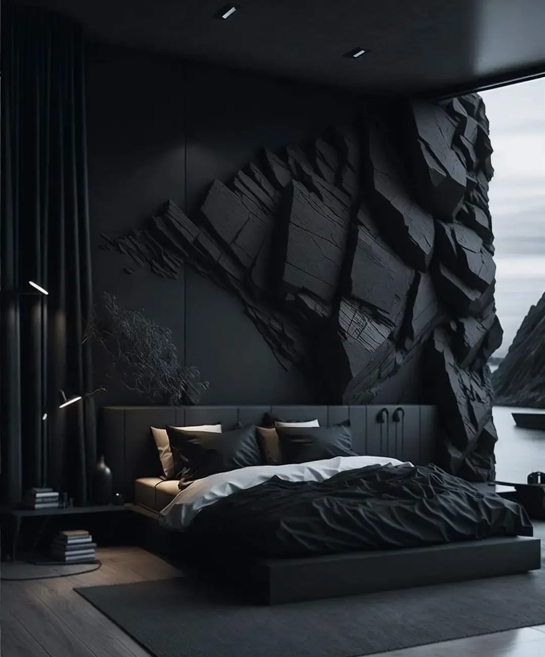 Black Interior With Textured Rock Backdrop